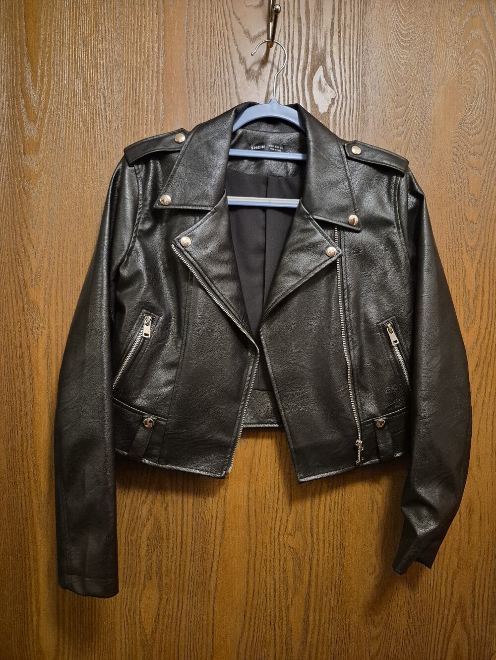 SHEIN Black Faux Leather Biker Jacket with Silver Hardware M PRISTINE!